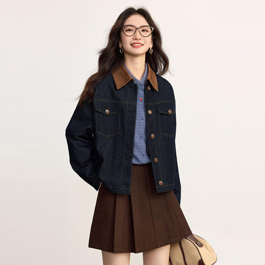 【09/03新品】熙世界MIU系复古蓝格子衬衫女秋季2025新款宽松显瘦刺绣长袖衬衣 商品图4