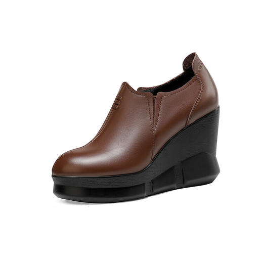 【预售5天】坡跟高跟鞋女春秋新款真皮圆头单鞋小个子内增高深口皮鞋SMQ&694 商品图3