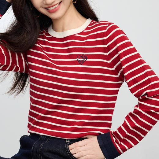 【09/03新品4.8折】熙世界「含绵羊毛」条纹针织衫女秋季2025年新款撞色长袖圆领上衣 商品图4