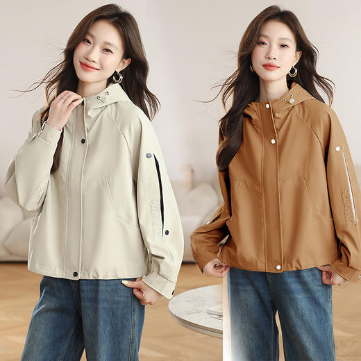 韩版连帽宽松休闲短外套2025秋季新款女装工装风户外运动纯色上衣XYFS6901 商品图0
