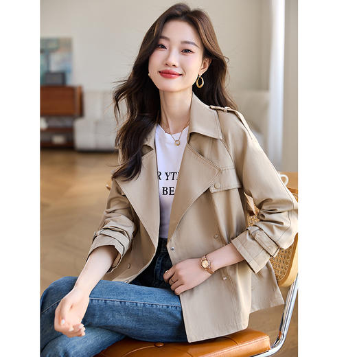 丁摩 小香风大翻领收腰修身短款风衣女春秋季款小个子外套 5ZF-3333 商品图3