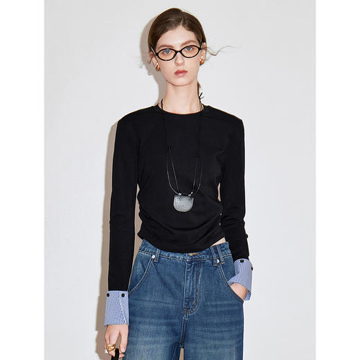 初语长袖t恤女收腰拼接格纹假两件chic洋气上衣 商品图1