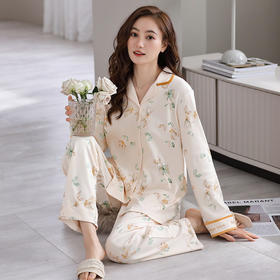 睡衣女士秋季纯棉长袖长裤开衫套装简约休闲女款宽松户外家居服   JL-LG1193