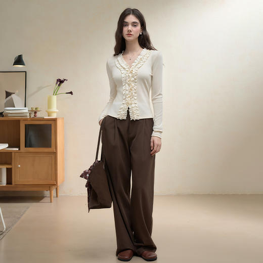 西遇法式双层立体花边长袖针织T恤女秋季V领修身显瘦上衣V3051221 商品图1