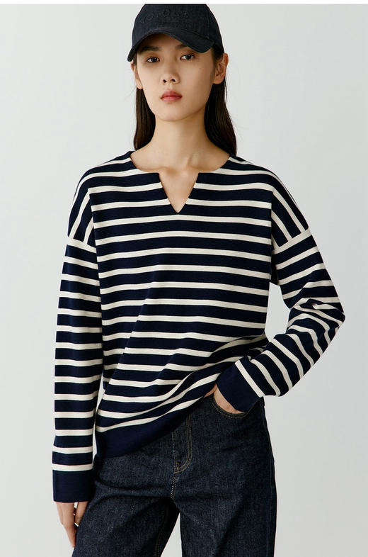 半精纺棉羊绒针织衫 条纹设计明快有活力 落肩直身廓形 自在舒适 领型独特 版型显瘦有空间感 藏青色+白色配色经典 商品图2