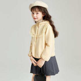 笛莎Deesha 2025冬季新款女童甜美网纱木耳边连帽摇粒绒外套
