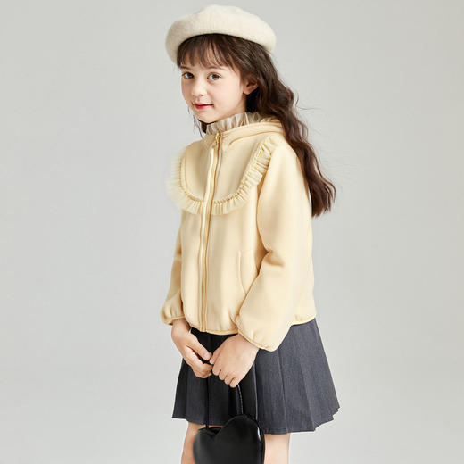 笛莎Deesha 2025冬季新款女童甜美网纱木耳边连帽摇粒绒外套 商品图0
