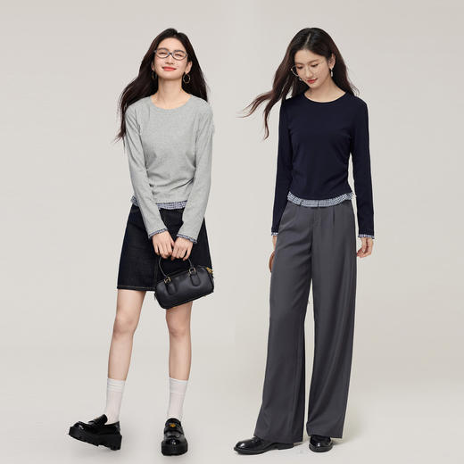 【周末秒杀】熙世界格子花边拼接长袖T恤女秋2025新款假两件收腰显瘦别致上衣 商品图2