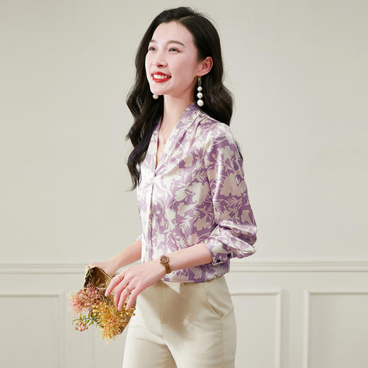 丁摩 春秋季套头V领显瘦优雅印花气质知性桑蚕丝长袖衬衫5ZF-3623 商品图2