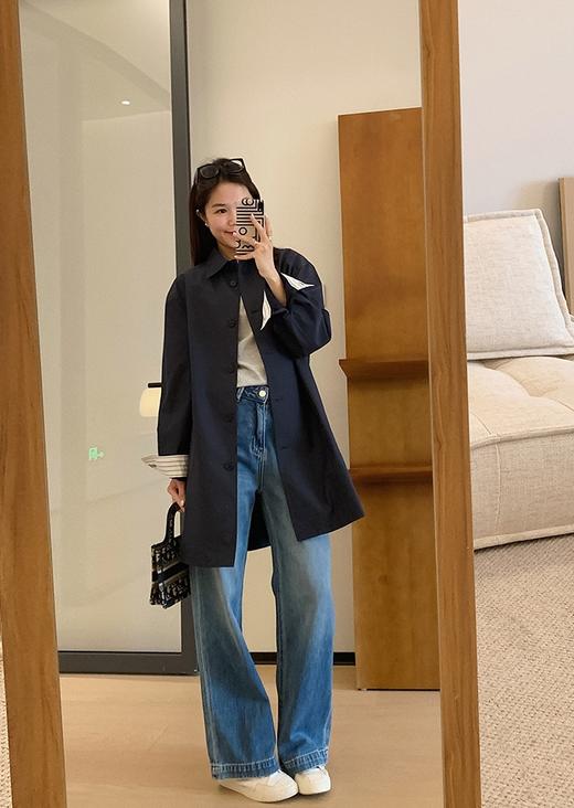 画报风衣高支棉撞色条纹拼接经典A字风衣宽松中长款外套 商品图3