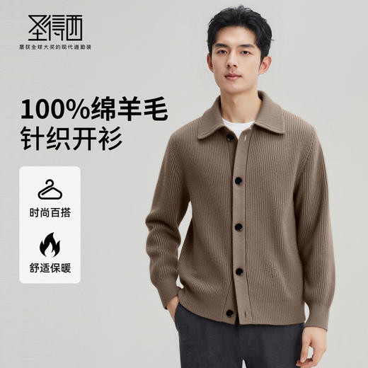 【100%绵羊毛】圣得西男粗织复古羊毛开衫2025秋新款简约百搭毛衣 商品图0