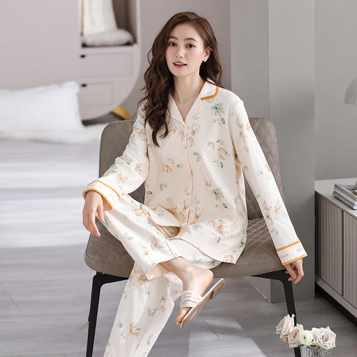 睡衣女士秋季纯棉长袖长裤开衫套装简约休闲女款宽松户外家居服   JL-LG1193 商品图2