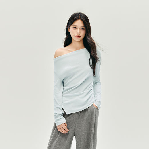 森马长袖T恤女短款不规则设计感修身显瘦2025新款秋荡领薄款上衣 商品图2