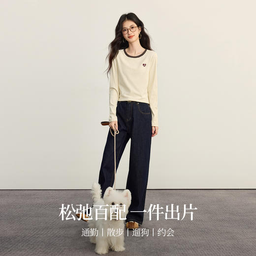 【09/03新品】熙世界可露丽穿搭撞色圆领T恤女士长袖秋季新款爱心刺绣打底上衣 商品图2