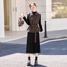 HR YF2620韩系气质PU皮马甲套装裙系带收腰显瘦百褶裙两件套