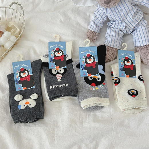 4双装！2025秋款女袜可爱企鹅格雷灰色系  61%精梳棉 袜头无骨不硌脚 商品图7