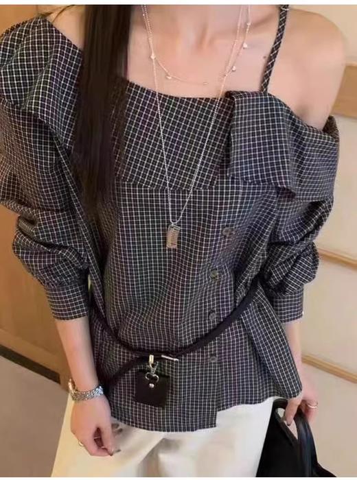 【门店同款】ENJOY秋季“浮光织影”露肩格子上衣 164900030 商品图0