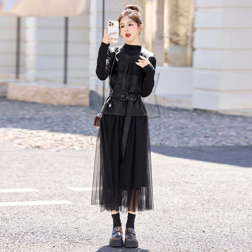 HR YF2619韩系气质时尚连衣裙套装系带收腰皮马甲网纱裙两件套 商品图5