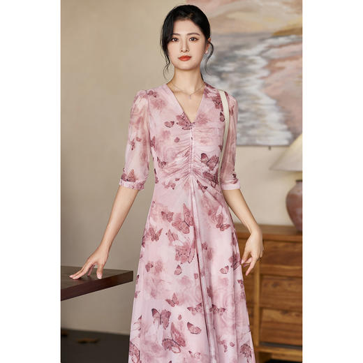 米思阳2026春季网纱裙浪漫法式印花裙设计感抽褶清新粉色连衣裙3711 商品图4