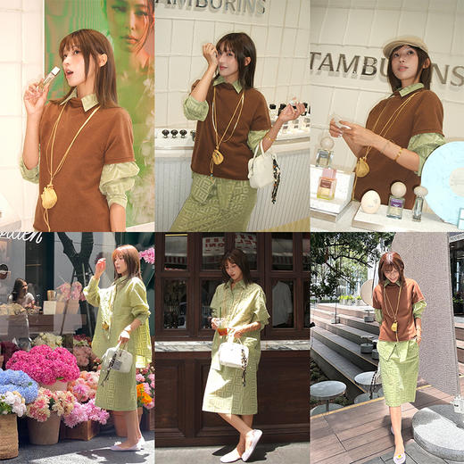 HIDEMI经典几何印花植绒复古剪刀领宽松衬衫半裙套装 牛油果绿/奶咖棕 商品图5