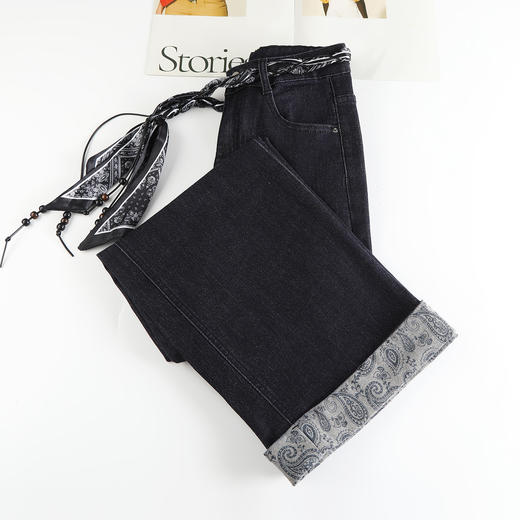 丁摩 深蓝色直筒牛仔裤女秋季美式高腰显瘦宽松垂感翻边阔腿裤5ZF-76635 商品图2