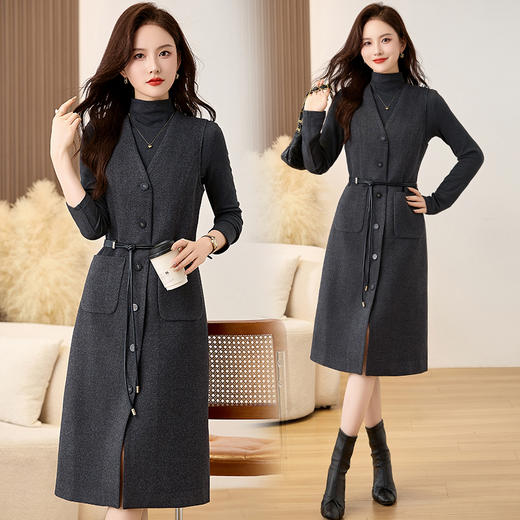 HR MEIQIN1861时尚套装裙气质毛呢背心连衣裙两件套 商品图1