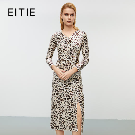 EITIE爱特爱气质V领收腰显瘦通勤百搭开叉印花连衣裙秋季新款7907633 商品图0