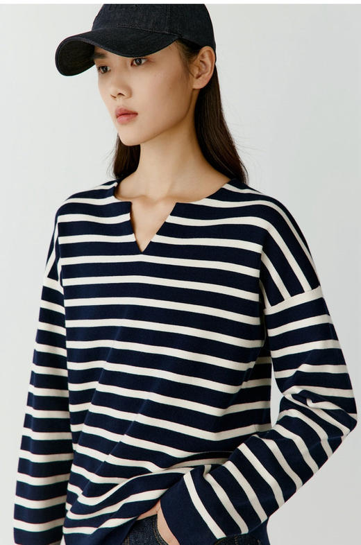 半精纺棉羊绒针织衫 条纹设计明快有活力 落肩直身廓形 自在舒适 领型独特 版型显瘦有空间感 藏青色+白色配色经典 商品图1