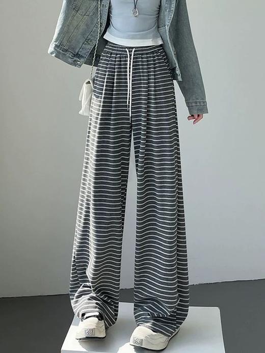 *（49元闭眼入！超有弹力 质感绝啦！！）复古条纹阔腿裤 女秋季2025新款高腰垂感宽松直筒休闲慵懒风糯米裤 商品图5