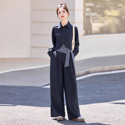 HR  YF2613港风复古叠穿牛仔套装休闲衬衣格子吊带阔腿裤三件套 商品图1