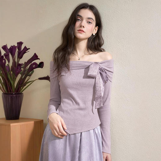 西遇韩系不规则系带蝴蝶结长袖针织T恤女秋季修身显瘦上衣V3051284 商品图2