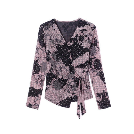 KQL E37M2952气质百搭V领印花网纱长袖系带打底衫大码t恤 商品图3