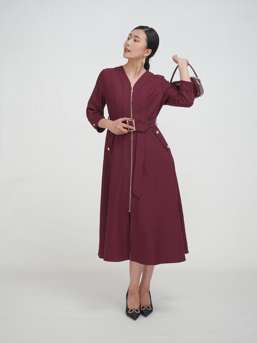 SZ3S56_魏紫色_连衣裙_秋季_V领金属拉链门襟腰带收腰七分袖_高级女装_BERNIEELEN 伯妮斯茵 商品图5