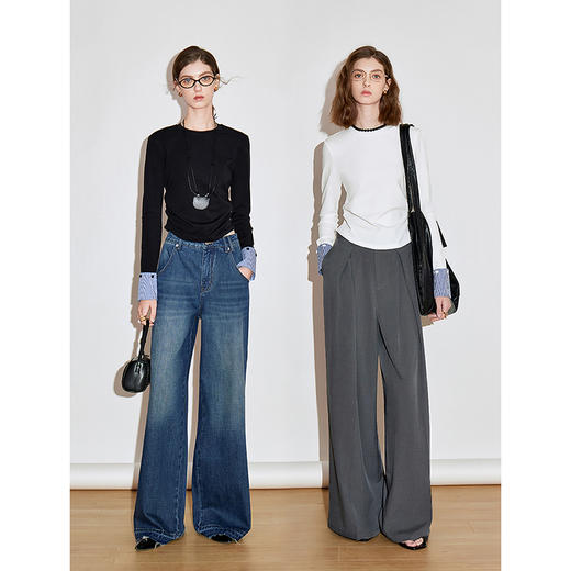 初语长袖t恤女收腰拼接格纹假两件chic洋气上衣 商品图4