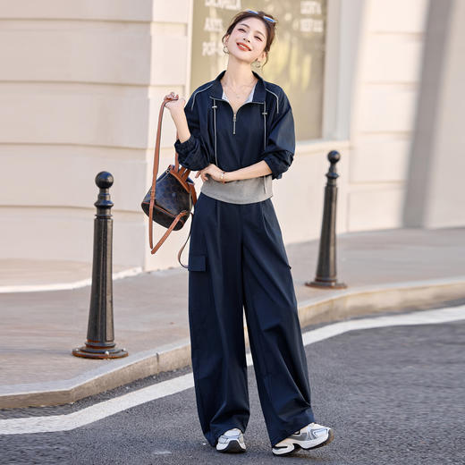 HR YF2615慵懒风休闲运动工装套装假两件拼接上衣阔腿裤二件套 商品图1