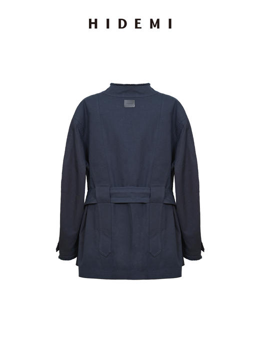HIDEMI 深藏青极简手工毛边双层拼接立领口袋款短款外套 商品图8