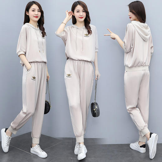 丁摩 新款时尚醋酸绣花拼接连帽修身显瘦套装5ZF-915 商品图0