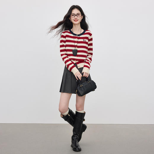 【09/03新品】熙世界绵羊毛条纹针织衫女长袖2025秋季新款圆领小狗刺绣毛衣开衫 商品图1