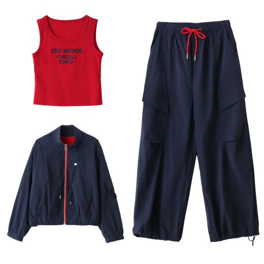 HR YF2616时尚休闲运动风三件套气质阔腿裤工装套装 商品图4