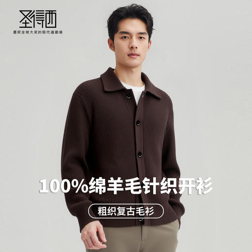 【100%绵羊毛】圣得西男粗织复古羊毛开衫2025秋新款简约百搭毛衣 商品图2