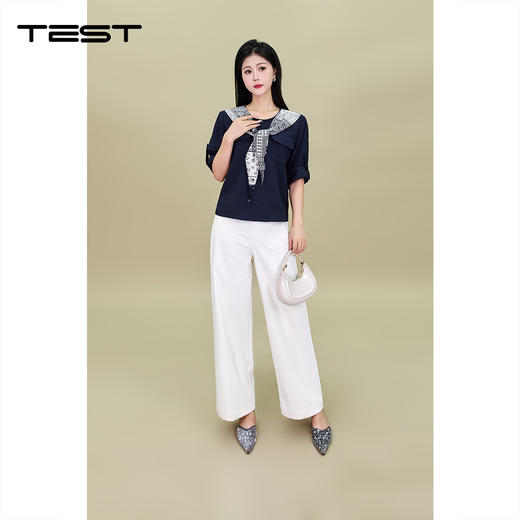 秋上新都市优雅风藏蓝色丝巾领小衫1253092 商品图1