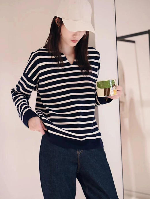 半精纺棉羊绒针织衫 条纹设计明快有活力 落肩直身廓形 自在舒适 领型独特 版型显瘦有空间感 藏青色+白色配色经典 商品图5
