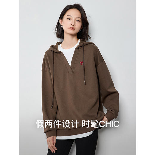 TOYOUTH初语假两件连帽卫衣女爱心刺绣宽松减龄上衣 商品图2