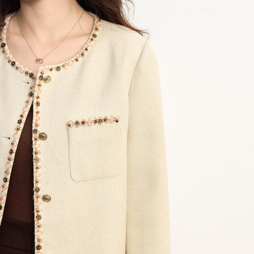 【五折购】熙世界小香风串珠圆领外套女短款小个子优雅气质开衫上衣2025秋季 商品图4