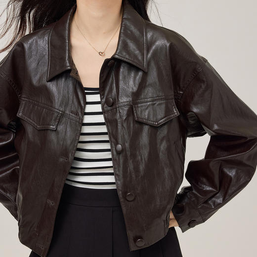 【09/03新品】熙世界复古PU皮衣短外套女2025秋装新款小个子翻领机车服夹克上衣 商品图3