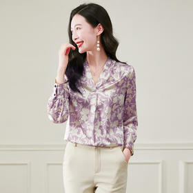 丁摩 春秋季套头V领显瘦优雅印花气质知性桑蚕丝长袖衬衫5ZF-3623
