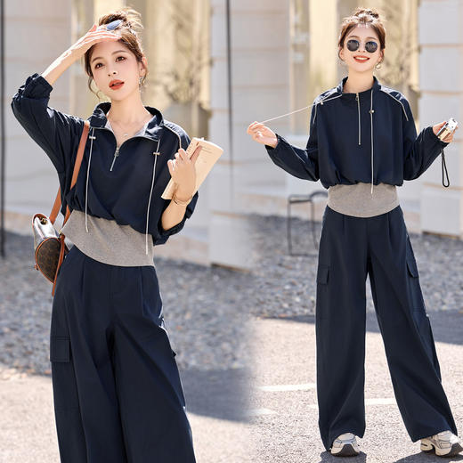 HR YF2615慵懒风休闲运动工装套装假两件拼接上衣阔腿裤二件套 商品图0