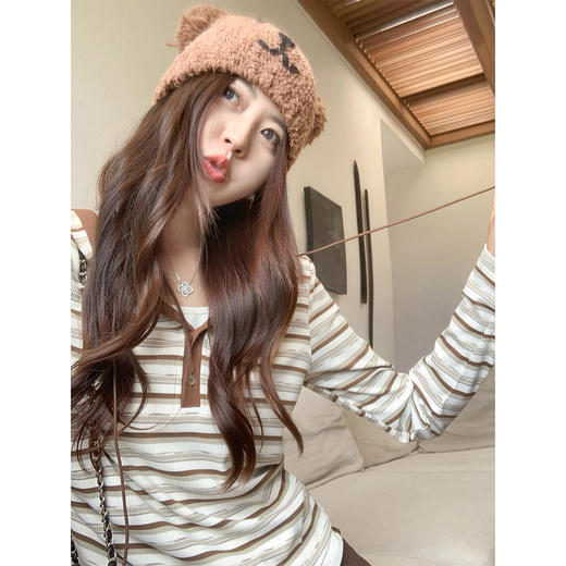 <曾小咸推荐>韩版简约条纹假两件连帽针织衫 商品图2