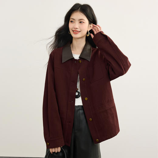 【09/03新品】熙世界复古撞色PU皮翻领外套女2025秋新款工装风夹克宽松休闲上衣 商品图4