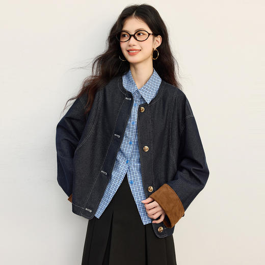 【年货节】熙世界巴恩风撞色长袖牛仔外套女2025秋装新款超好看复古夹克上衣 商品图2